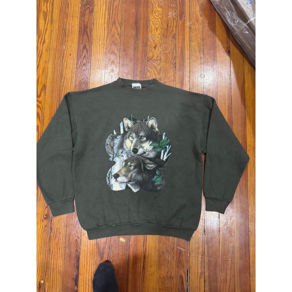 Vintage Tultex Wolf Graphic Sweatshirt Mens Large Forest Green 90s Nature USA
